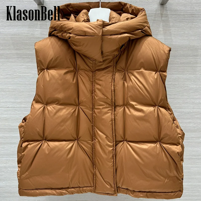 8.26 KlasonBell Women\'s 2024 Autumn Winter New Letter Leather Brand Quilted Down Vest Hooded Detachable Drawstring Hem Coat