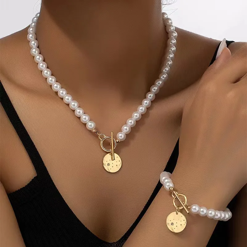 Women's Elegant Simulated Pearl Heart Necklace Bracelet Set