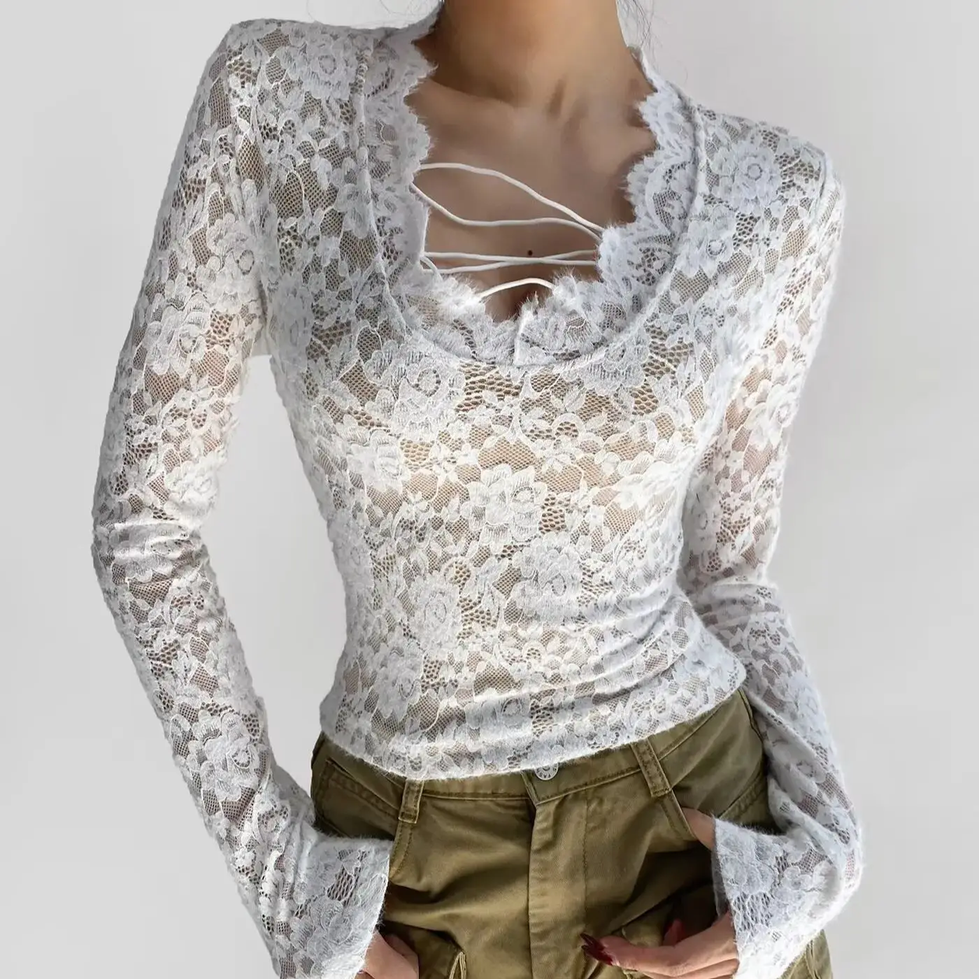 3 colors Spring Summer Sexy Bandage V neck Perspective Lace Long Sleeve Tee Women with Lining Crop Top Slim fit T-shirts Black