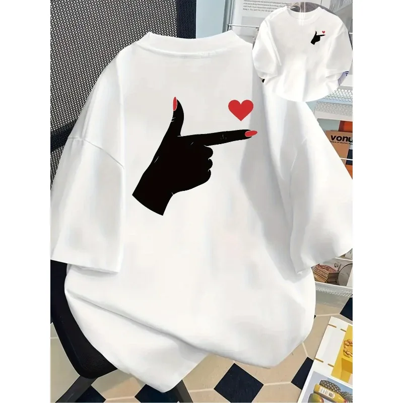 

Women's White T-Shirt with Minimalist Finger and Heart Design Casual Everyday Wear for All Seasons Round Neck Cotton Top