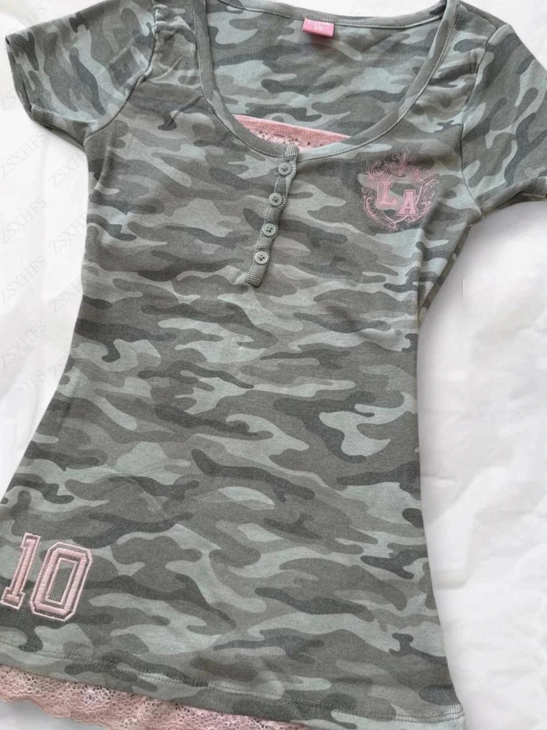 Camouflage T Shirts High Street Fashionable Daily Sexy Slim Lace Trim Short Sleeves American Style Vintage Casual Y2k Punk Tops