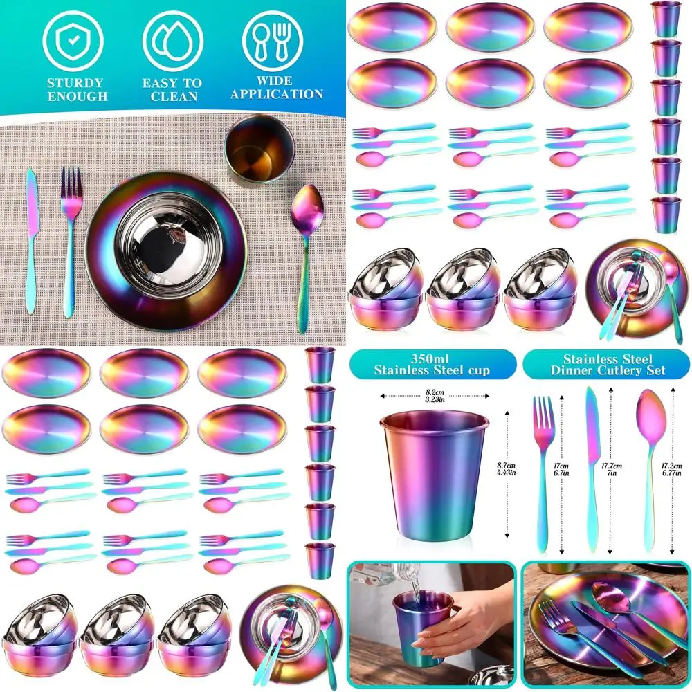

Rainbow 36-Piece Stainless Steel Camping Utensils Set: Plates, Bowls, Cups, Cutlery for Outdoor Adventures