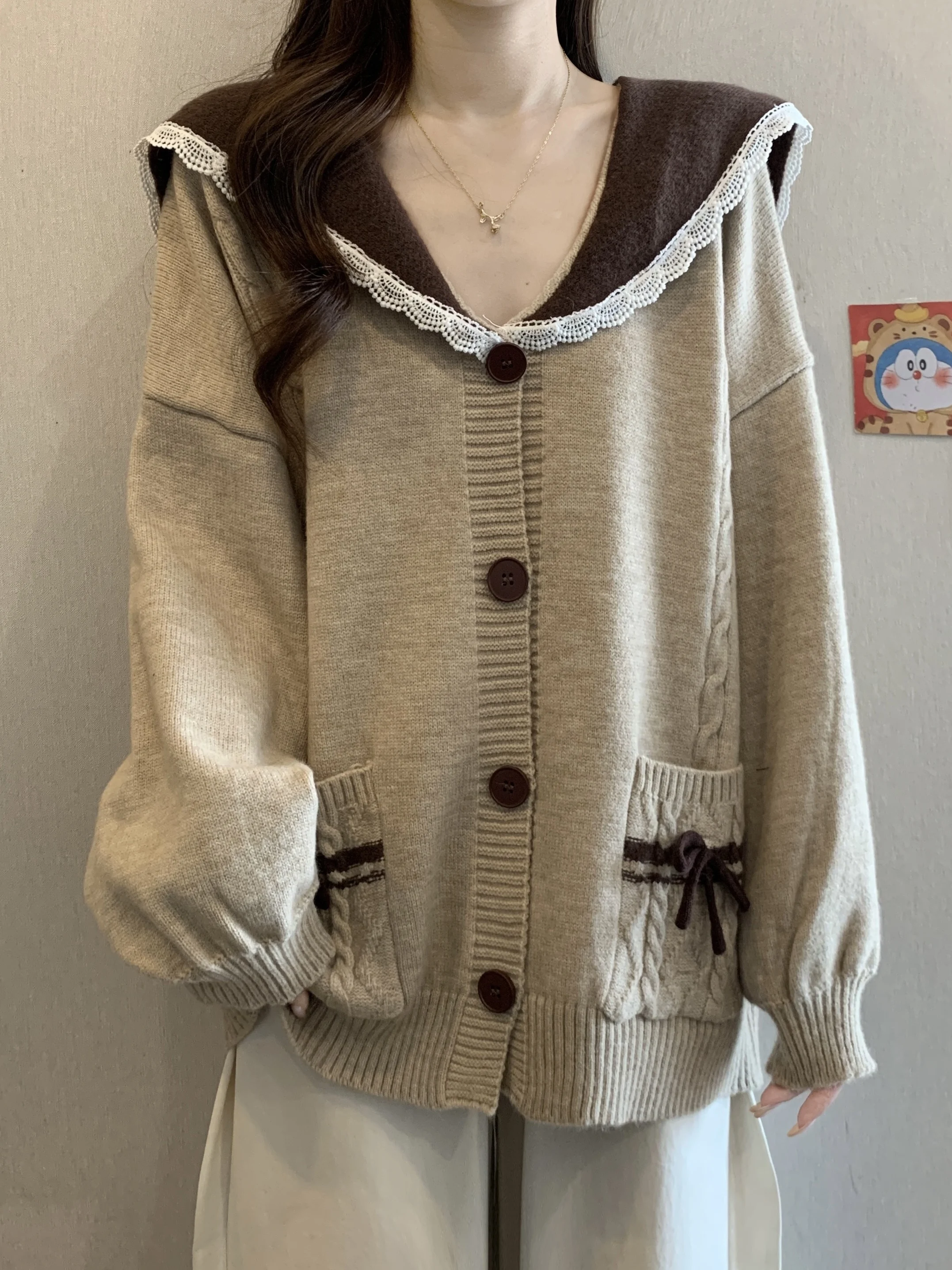 

Sweet Youthful Navy Collar Sweater Coat Women's Loose Knittedwear Autumn Winter New Sle plus Size Comfortable Casual Top