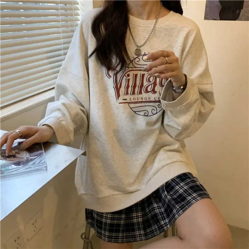 VIPOL Vintage Baggy Sweatshirt Women Autumn Korean Fashion Letter Print Fleece Hoodies Female Streetwear Long Sleeve Pullovers