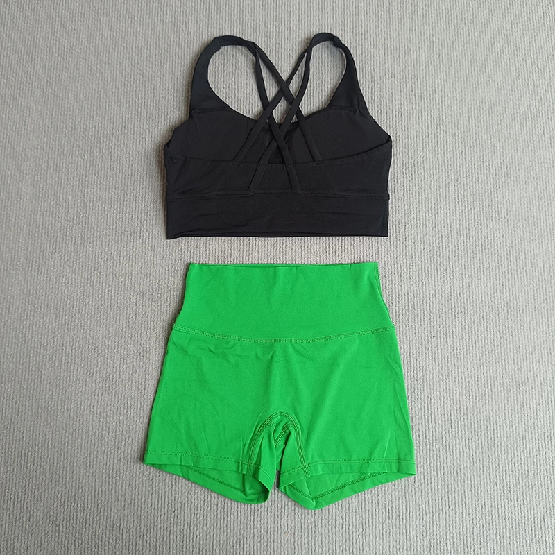 

Yoga 2 Piece Set Classic Black Bra With Bright Colors Shorts Women Jogging Cycling Gym Running Training Stretching on all sides