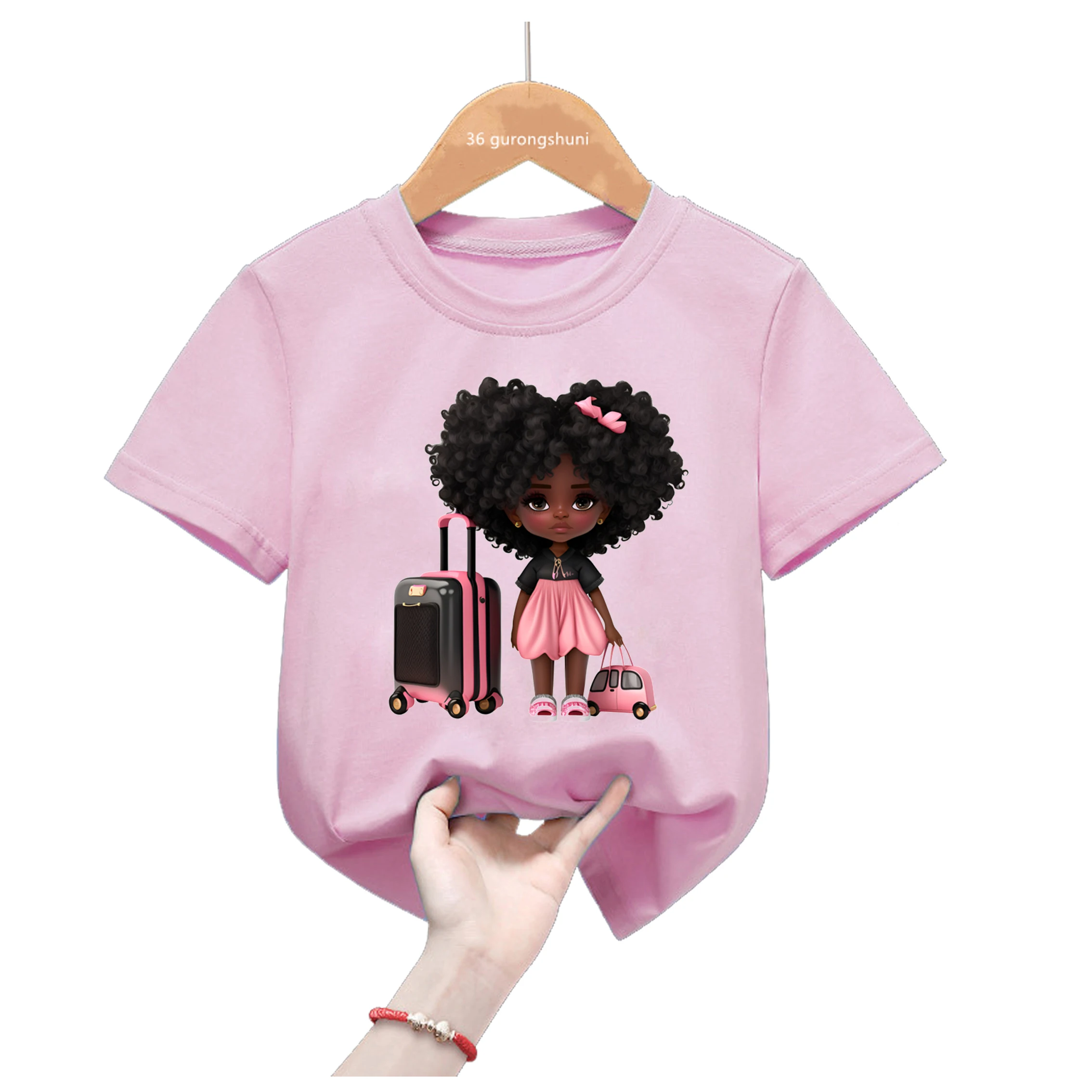 

Fashion Kids Clothe Black Girls Magic Trip With Suitcase Print Tshirts Summer Tops Tee Shirt Kawaii Children Clothing T-Shirt