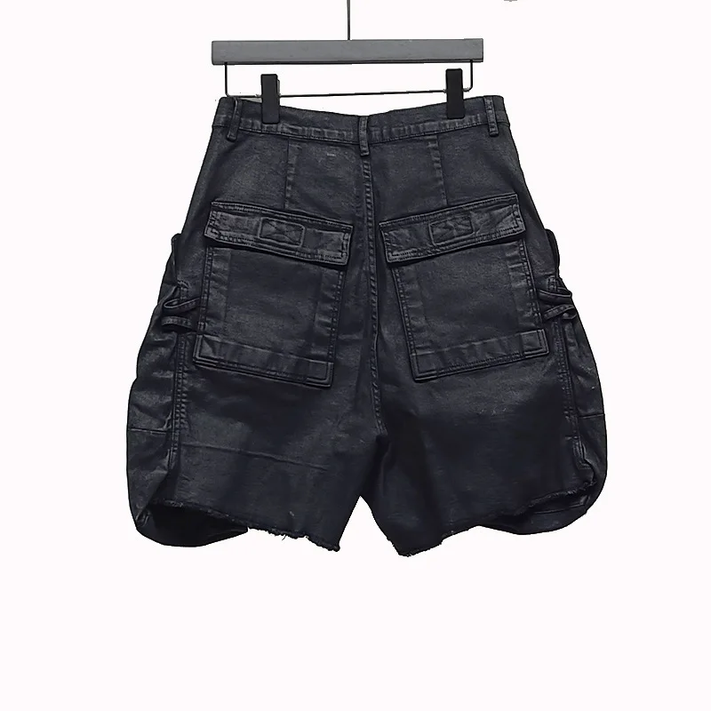 High Street Cotton RO-style Waxed Edge Denim Shorts Men's Multiple Pockets Casual Elastic Workwear Five-inch Jeans Pants