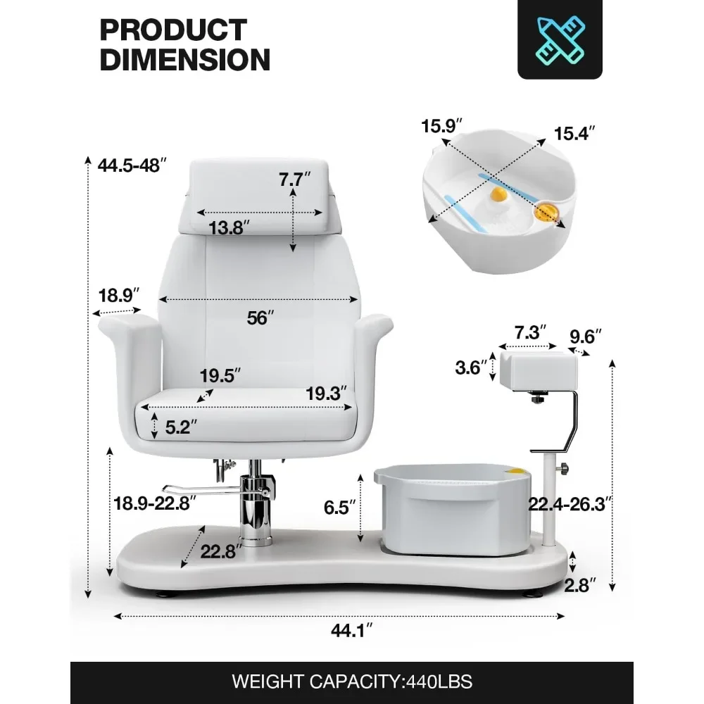 White Pedicure Chair No Plumbing for Nail Tech, Upgraded 360 Swivel Hydraulic Lift Reclining Pedicure Station w/Footrest & Bowl