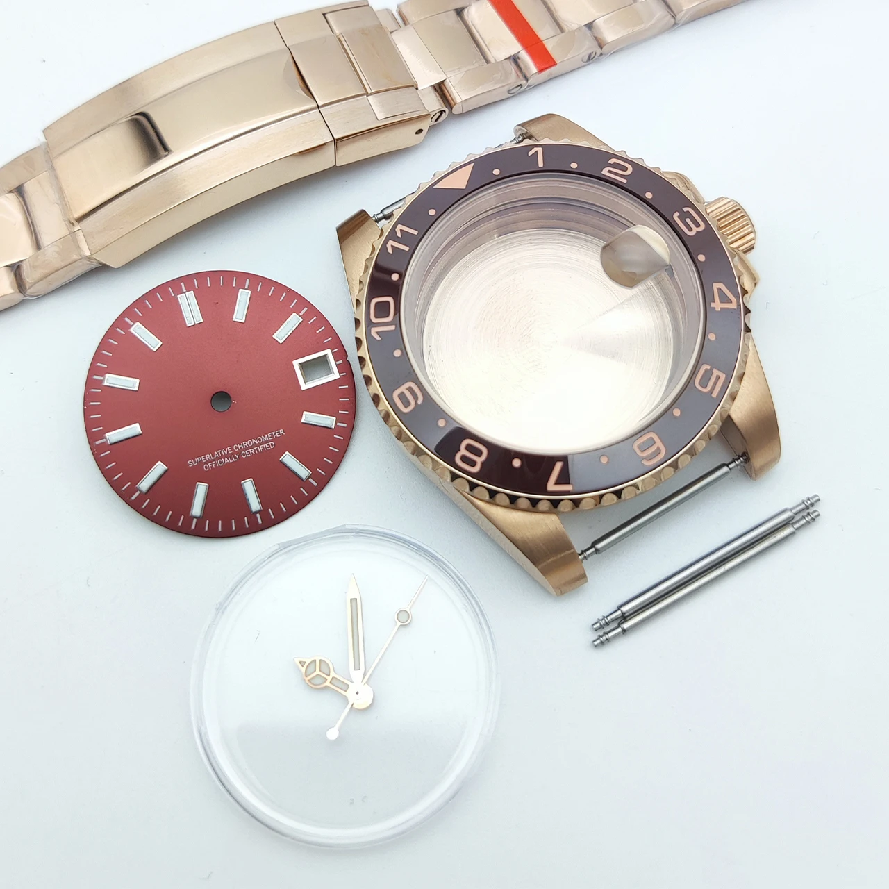 40mm NH35 Mod Watch Case with Red Luminous Dial, Sapphire Crystal Date Window Steel Bracelet Waterproof, Premium DIY Build Kit