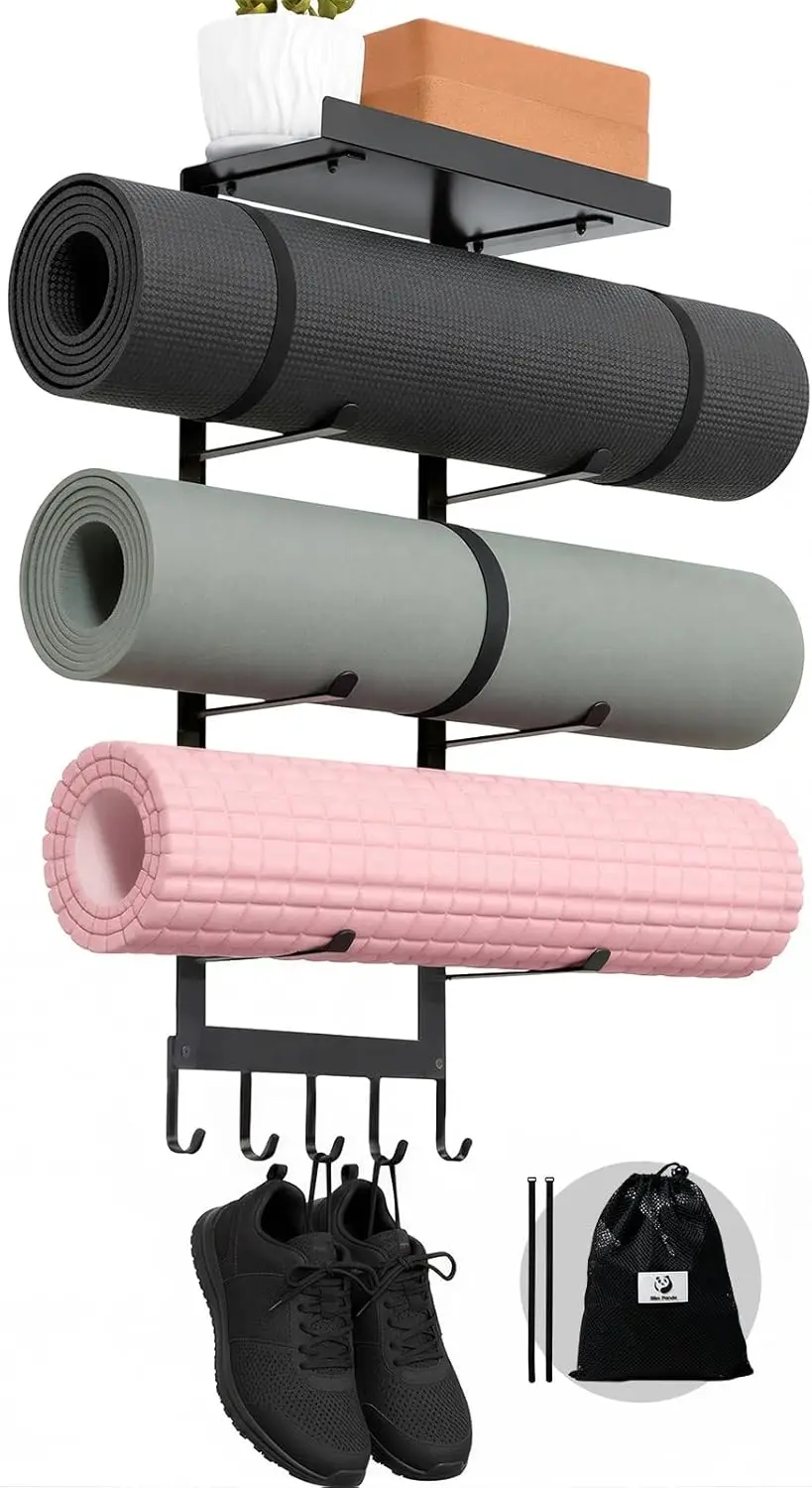 

Настенный держатель для ковриков для йоги с полкой и крючками, органайзер для хранения ковриков, роллеров и эспандеров для домашнего спортзала
