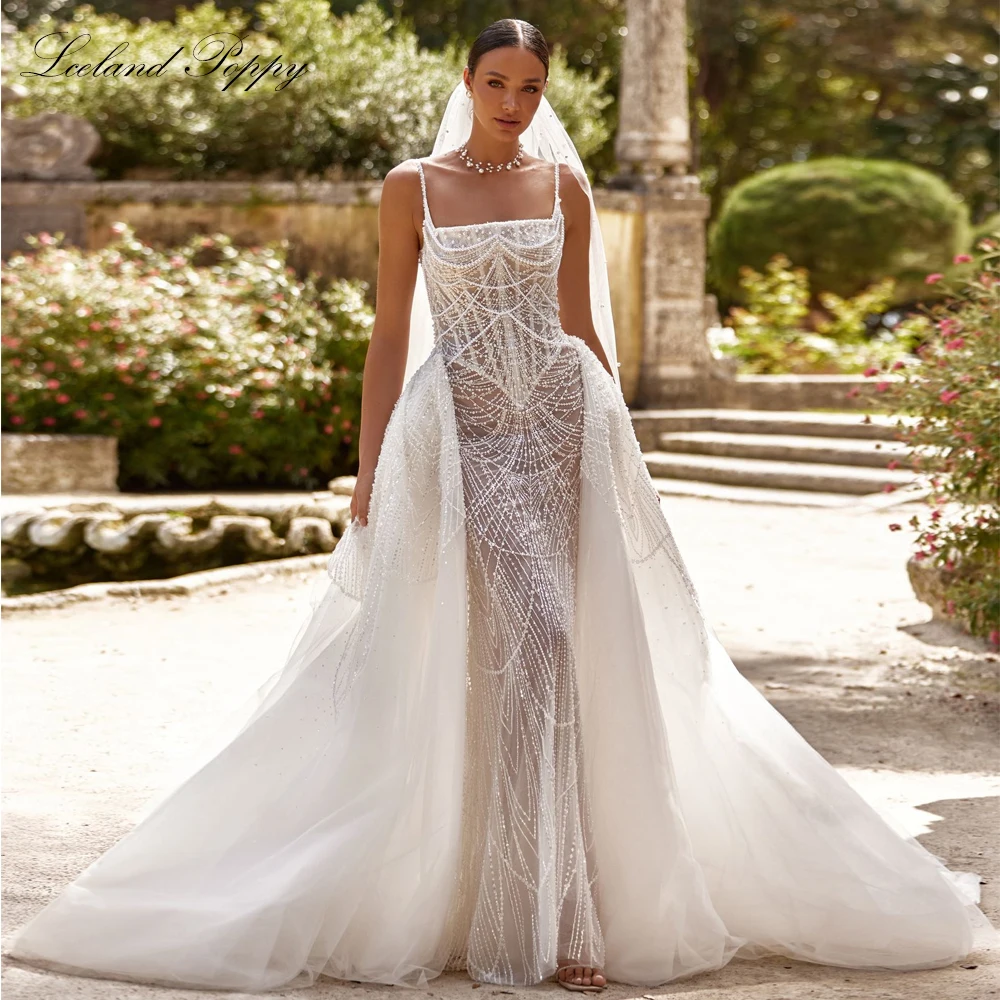 Lceland Poppy Customized Mermaid Lace Wedding Dresses Square Neck See Through Beaded Bridal Gowns with Detachable Train