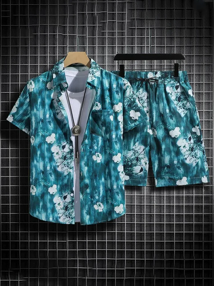 Vacation Casual Short-sleeved Shirt And Shorts Set Summer Men's White Shirt Set Palm Print Hawaiian Style Shirt Beach Pants Set