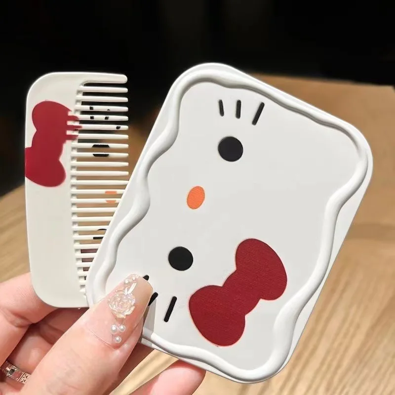 Hello Kitty Foldable Mirror Comb Set Wave Shell Case Built In Hair Comb Kawaii Lightweight Portable Pocket Cosmetic Daily Gift view 6