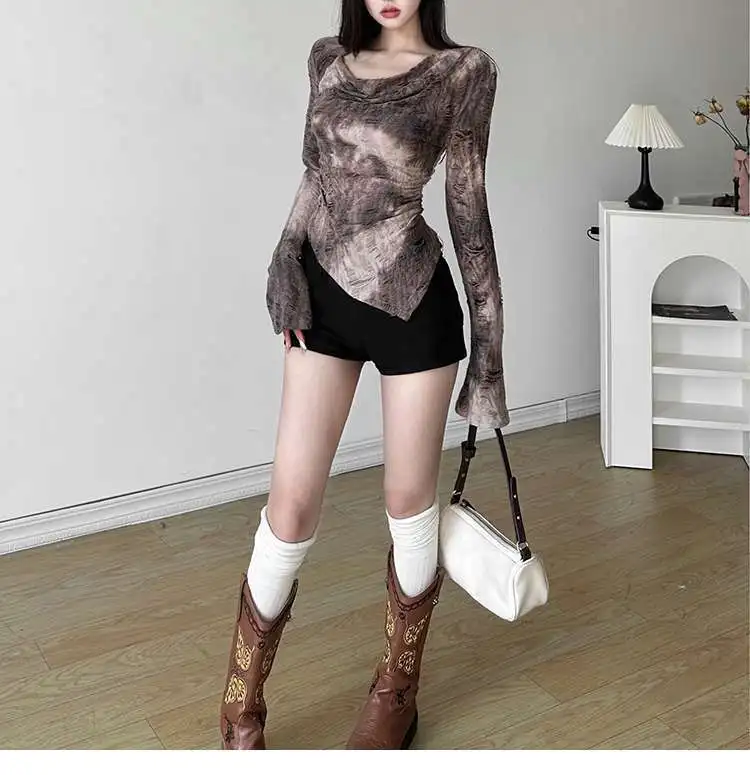 تي شيرت ياباني أنيق عتيق Y2k للنساء موضة الاتجاه كل مباراة تي شيرت ربيع الخريف جديد غير منتظم سليم صالح تي شيرت #3