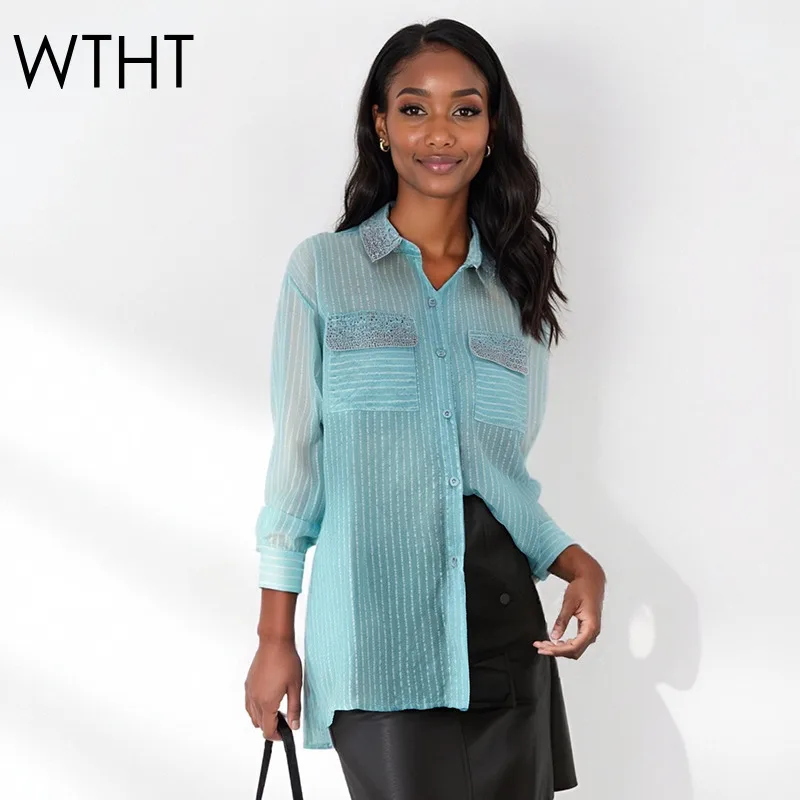 

WTHT Fashion Women's Striped Diamonds Loose Sun Protection Clothing 2025 Summer Trendy Lapel Long Sleeves Blouse Female 1LS2393