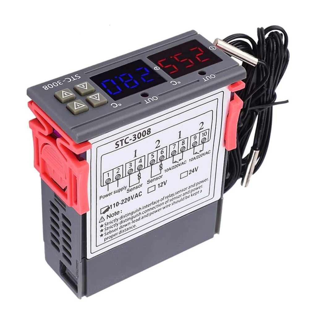Imagem -05 - Controlador de Temperatura Digital Duplo Saída de Dois Relés Aquecedor Termostato com Sonda 12v 24v 220v Geladeira Doméstica Calor Frio Stc3008