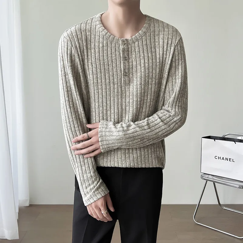 

Хаки/серые мужские футболки, весенняя новая мода, мужская повседневная футболка с круглым вырезом и длинным рукавом, свободная универсальная удобная полосатая футболка