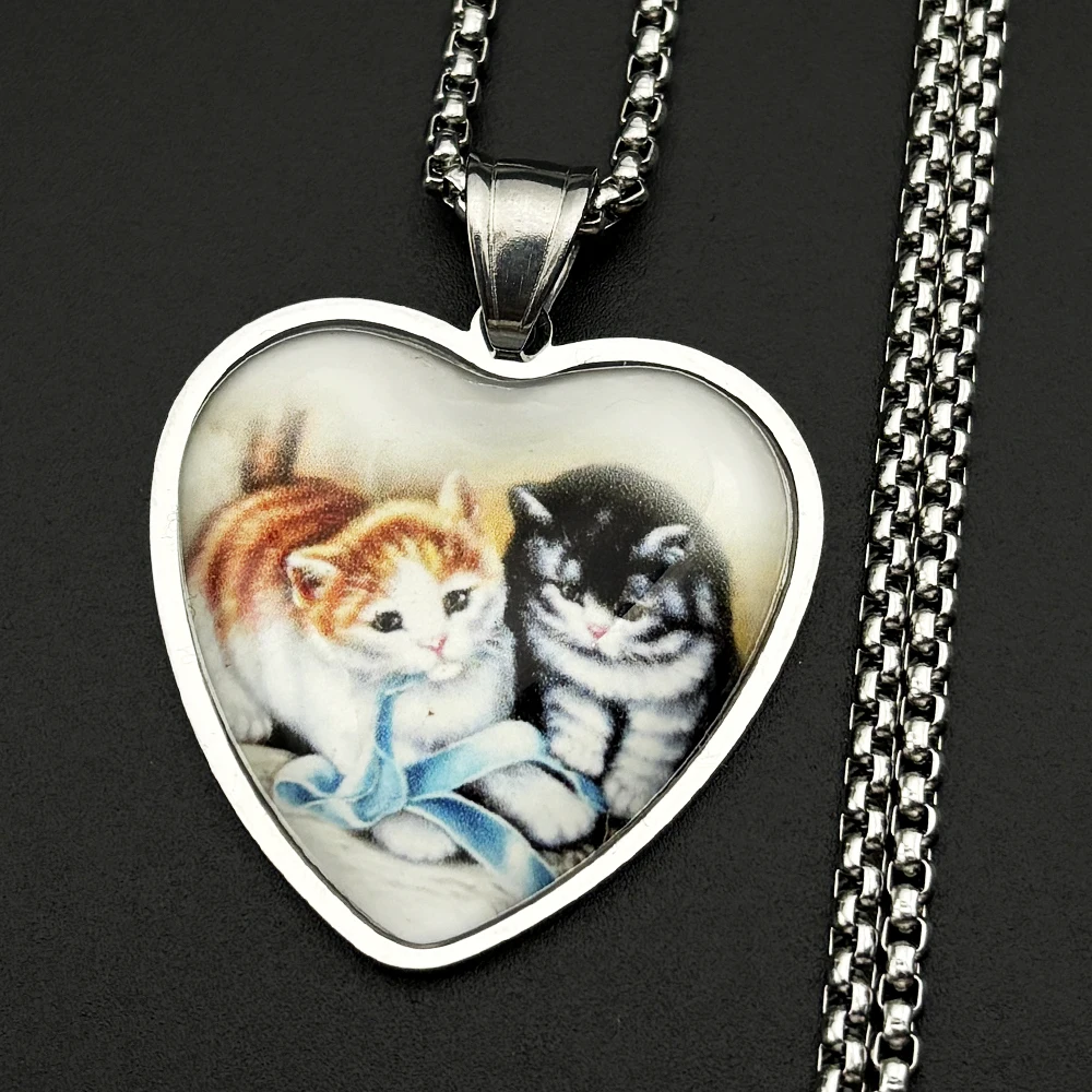 Niedliche Kätzchen-Herz-Anhänger-Halskette aus Edelstahl mit Katzenfoto-Box-Kette, Vintage-Tierschmuck, Geschenk für Frauen und Katzenliebhaber. – Detail 7