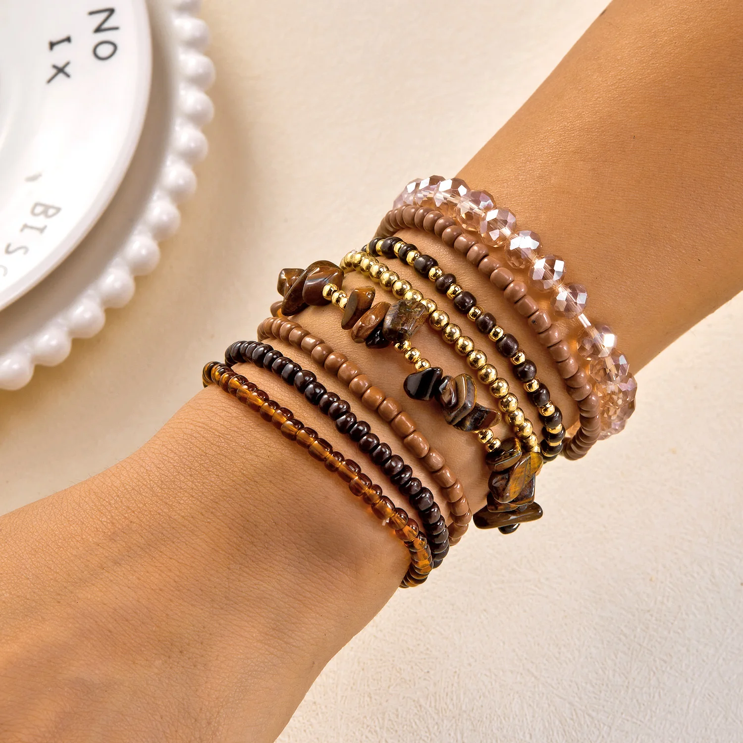 10 teile/satz Bohemian Chic Holz Perlen Mix Armband für Frauen Exquisite Kristall Kies Armbänder Freundschaft Schmuck Geschenke