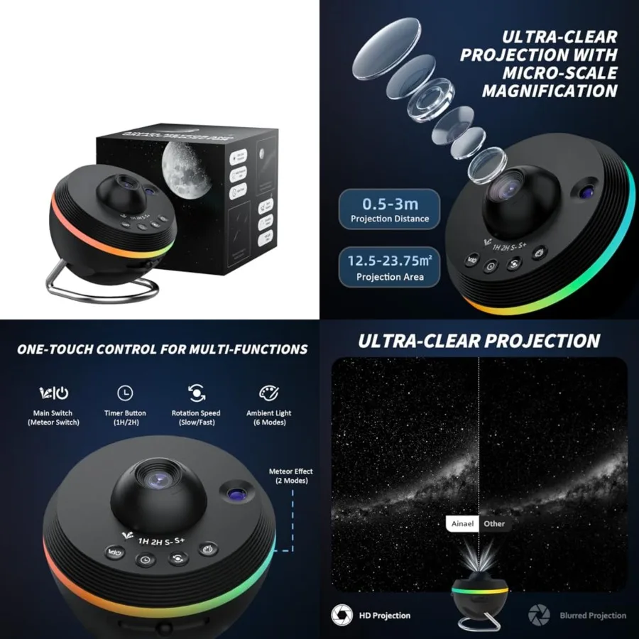 Galaxy Projector, Star Projector Home Planetarium with 1 Glass Projection Disc, 180 Rotatable Starry Sky Night Light with Mete