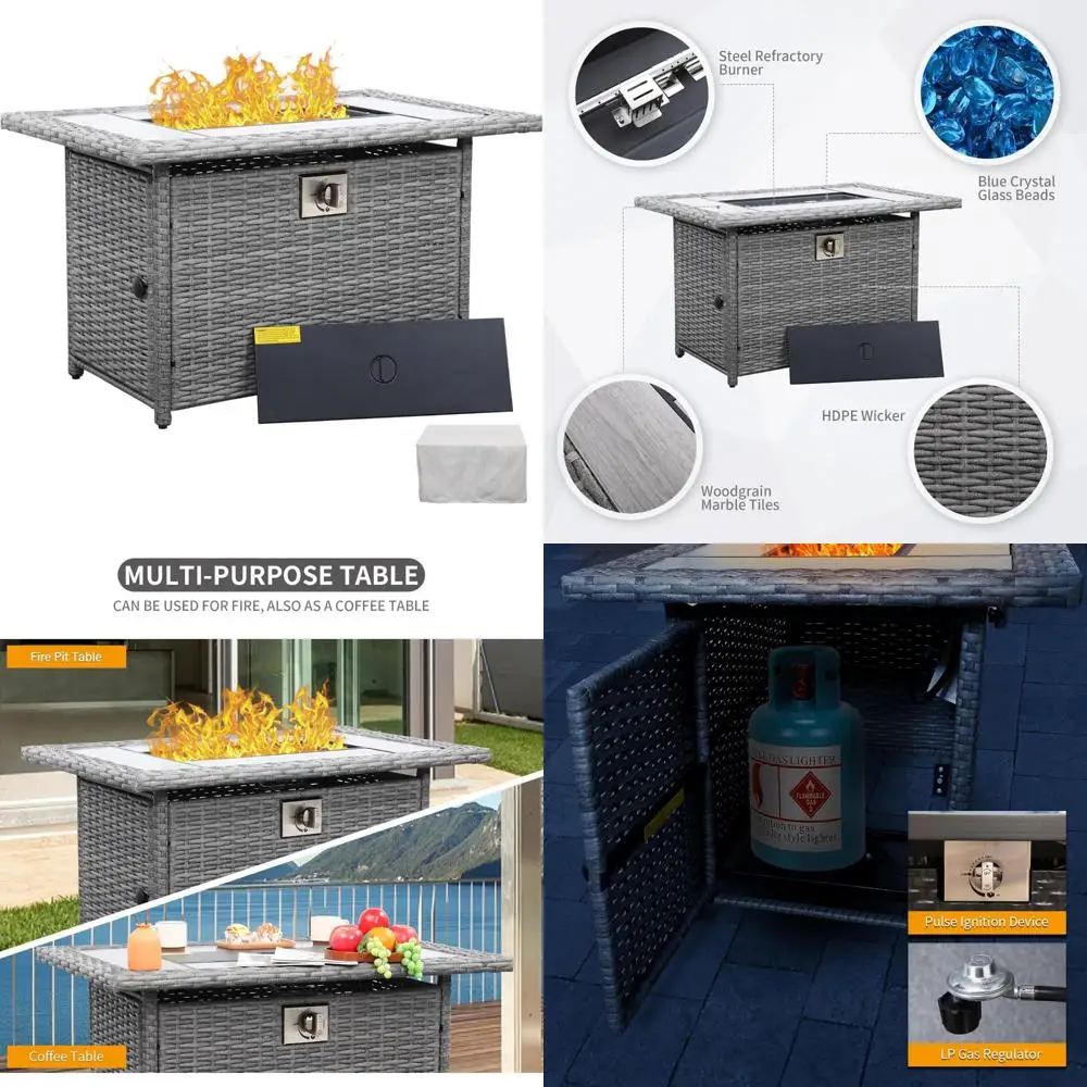 

Outdoor 45 Inch Wicker Gas Fire Pit Table with Woodgrain Marble Top and Fire Pit Cover