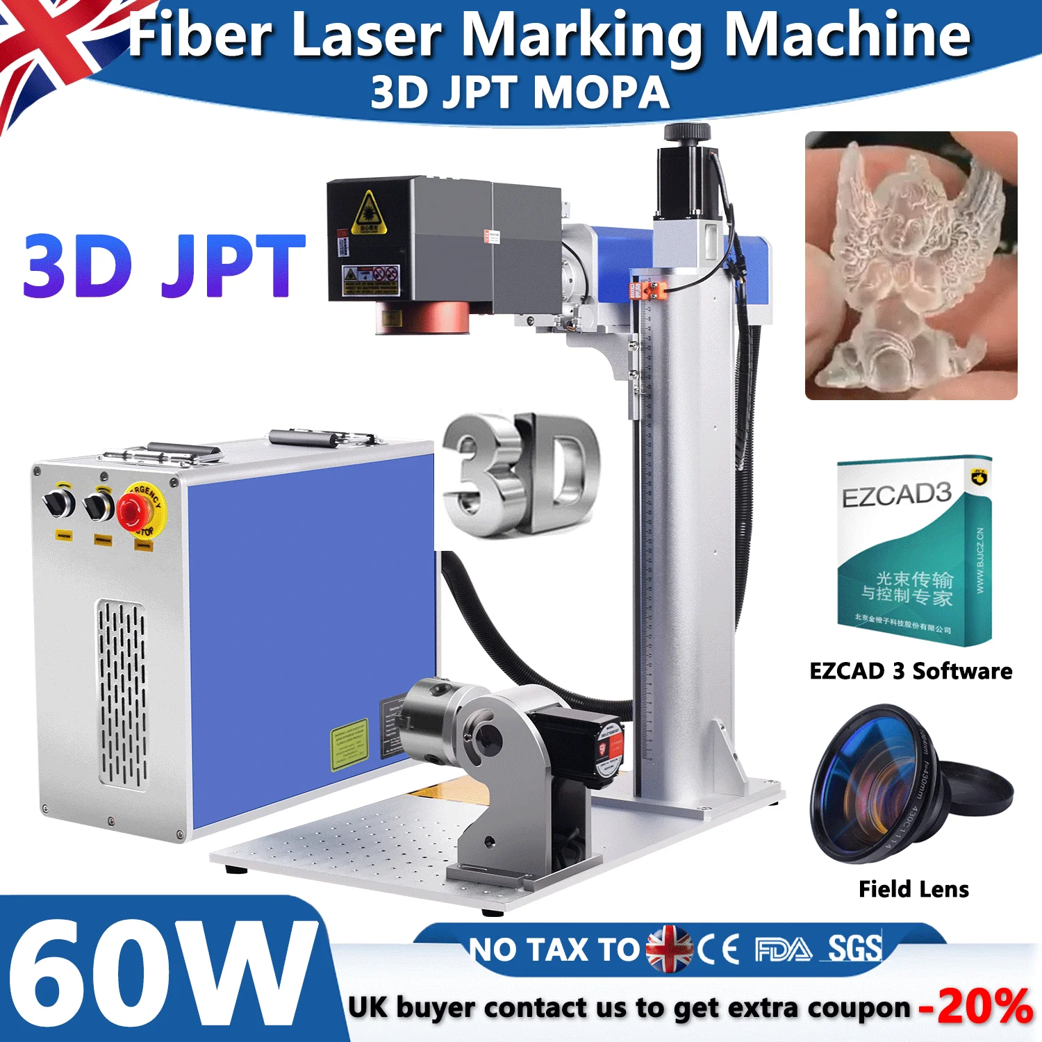 

60W 3D JPT MOPA Relief Engraver Fiber Laser Marking Machine EZCAD3 Deep Cutting Engraving Machine for Metal Guns Jewelry