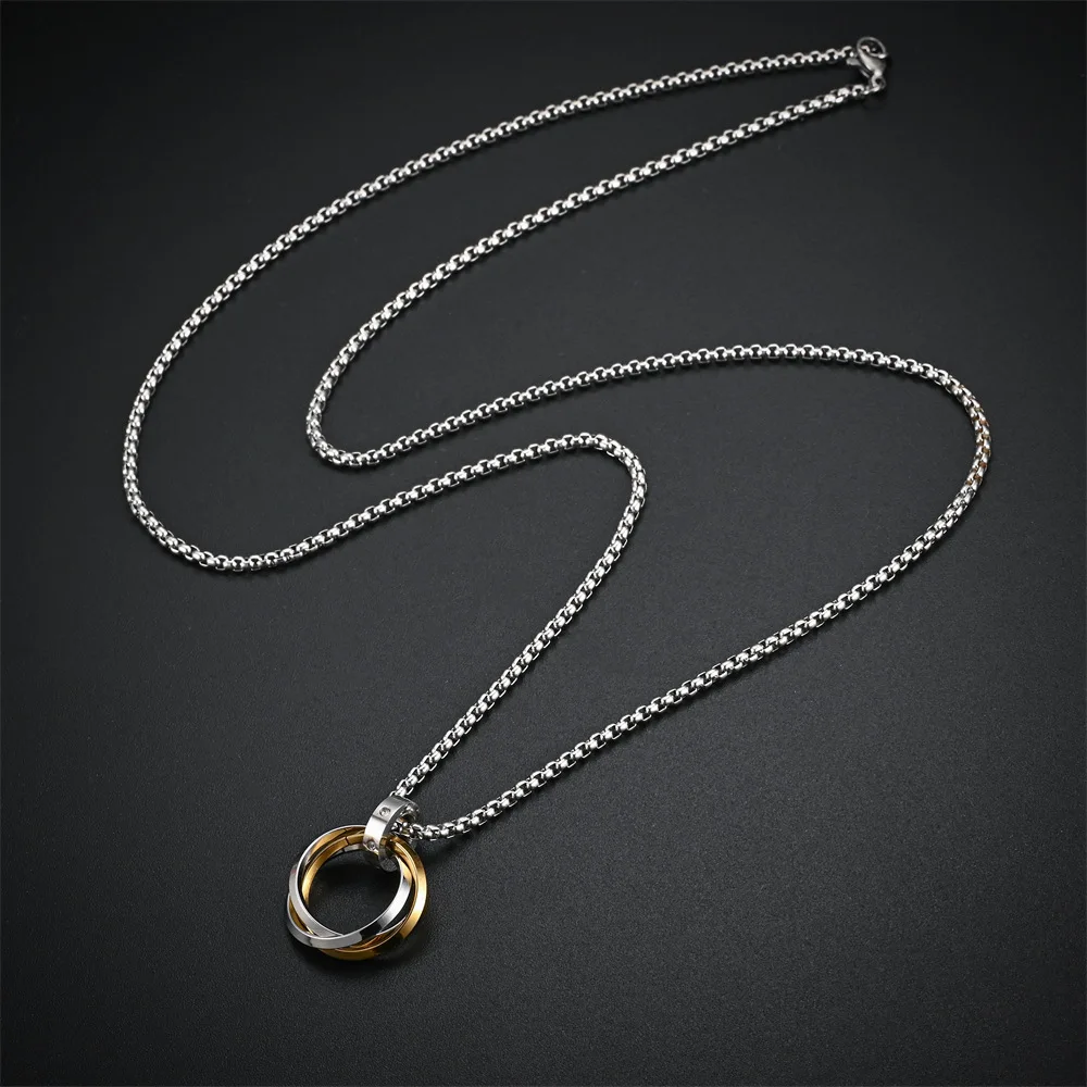 Casual Simple Interlocked 3 Circle Necklace for Men Women Chain Round Circle Pendant Stainless Steel Hippie Neck Collar Jewelry