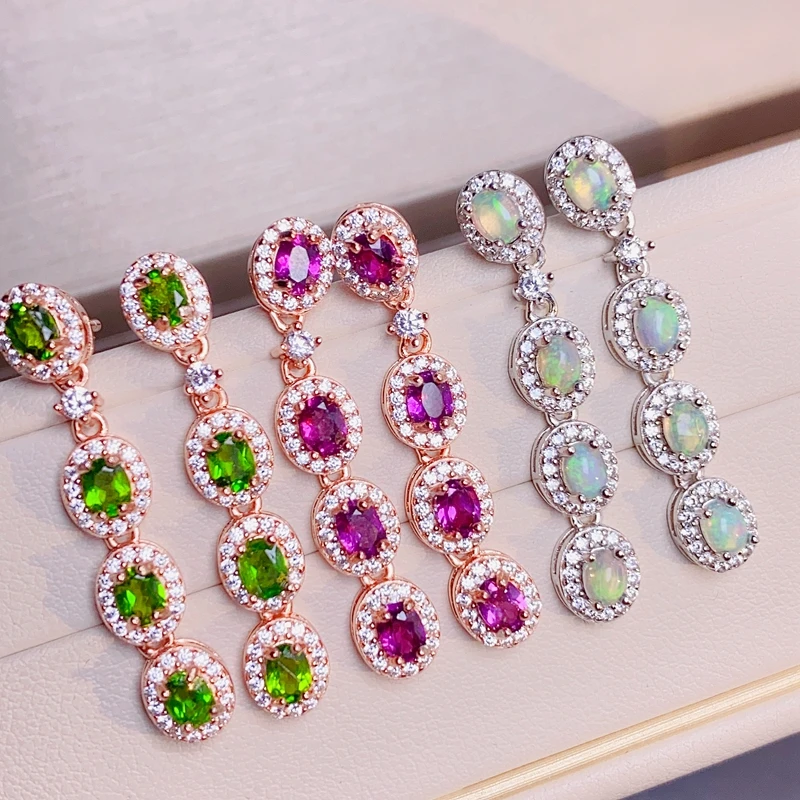 Natural color opal ear studs, garnet emerald 925 silver fashion, beautiful colors, changing beauty.