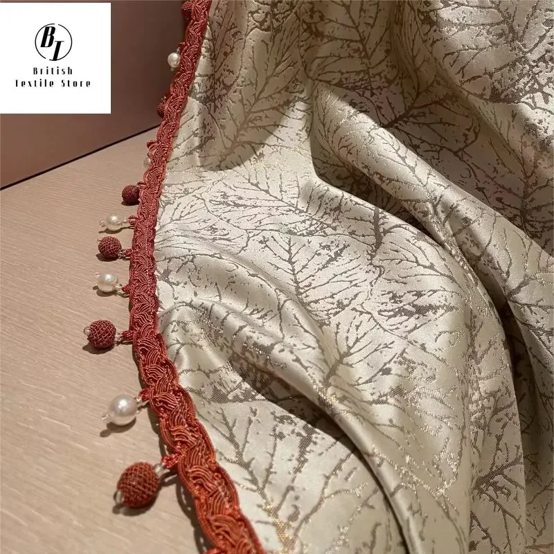 

Modern Jacquard Leaves Champagne Bead Shading Curtains for Living Room Bedroom Dining Christmas Luxury Lace and Ready Custom
