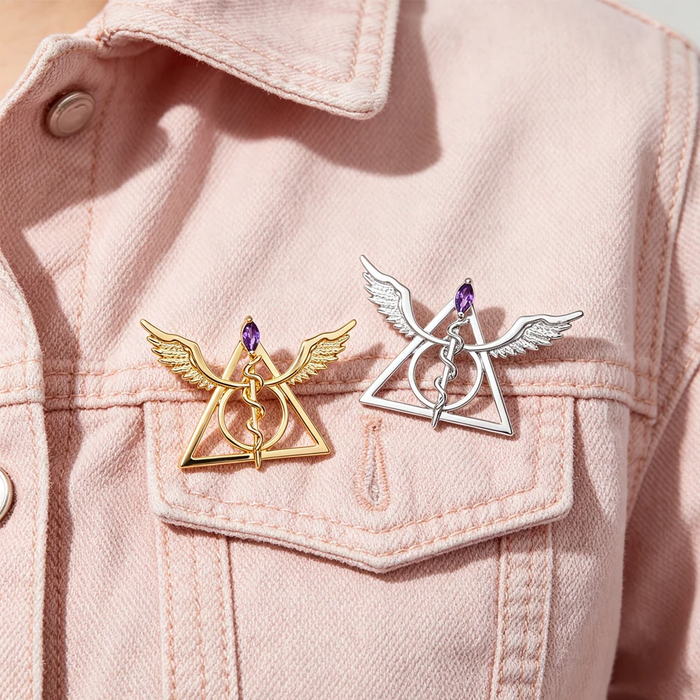 Catuni  Medical Wings Brooch Staff Wings Set With Purple Crystal Badge Triangle Symbol Jewelry Gift For Medical Personnel