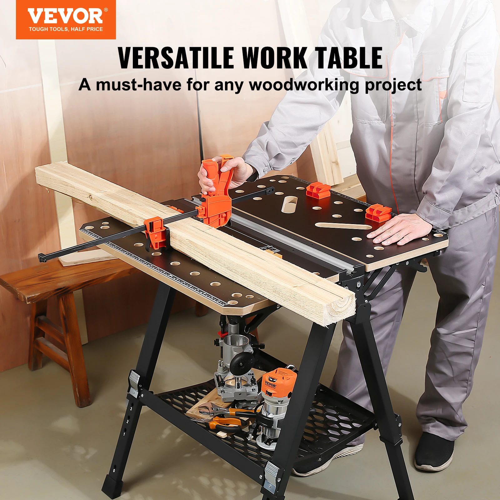 VEVOR Folding Work Table 7-Level Height Adjustment Workbench & Sawhorse with Versatile Clamping System for DIY Woodworking Use