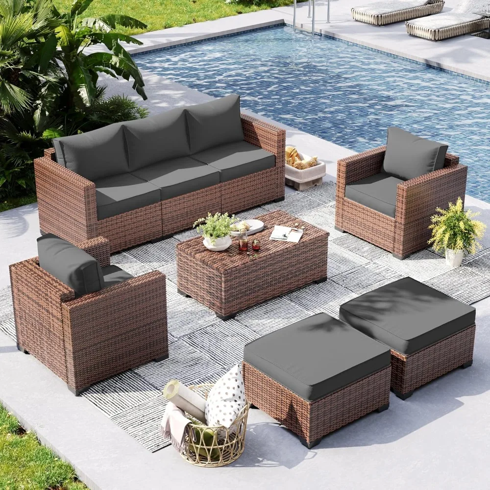 Outdoor Furniture 6 Pieces Patio Furniture Set with Ottoman, Wide Armrest Rattan Patio Set 7 Seats with Storage Table Grey