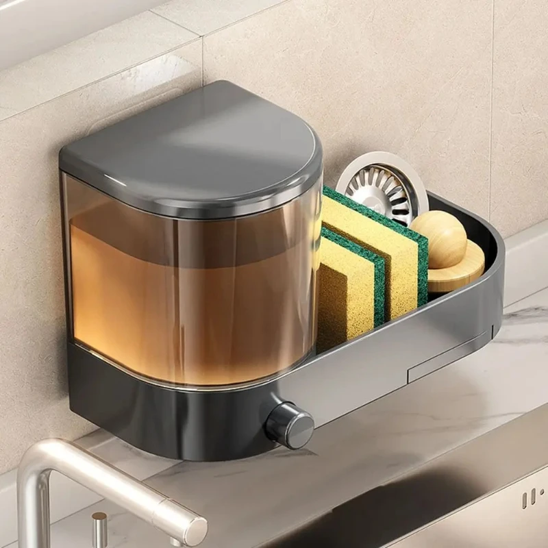 Dispenser di sapone da parete con vassoio in spugna e vaschetta di scarico, contenitore disinfettante per le mani di grande capacità, design salvaspazio