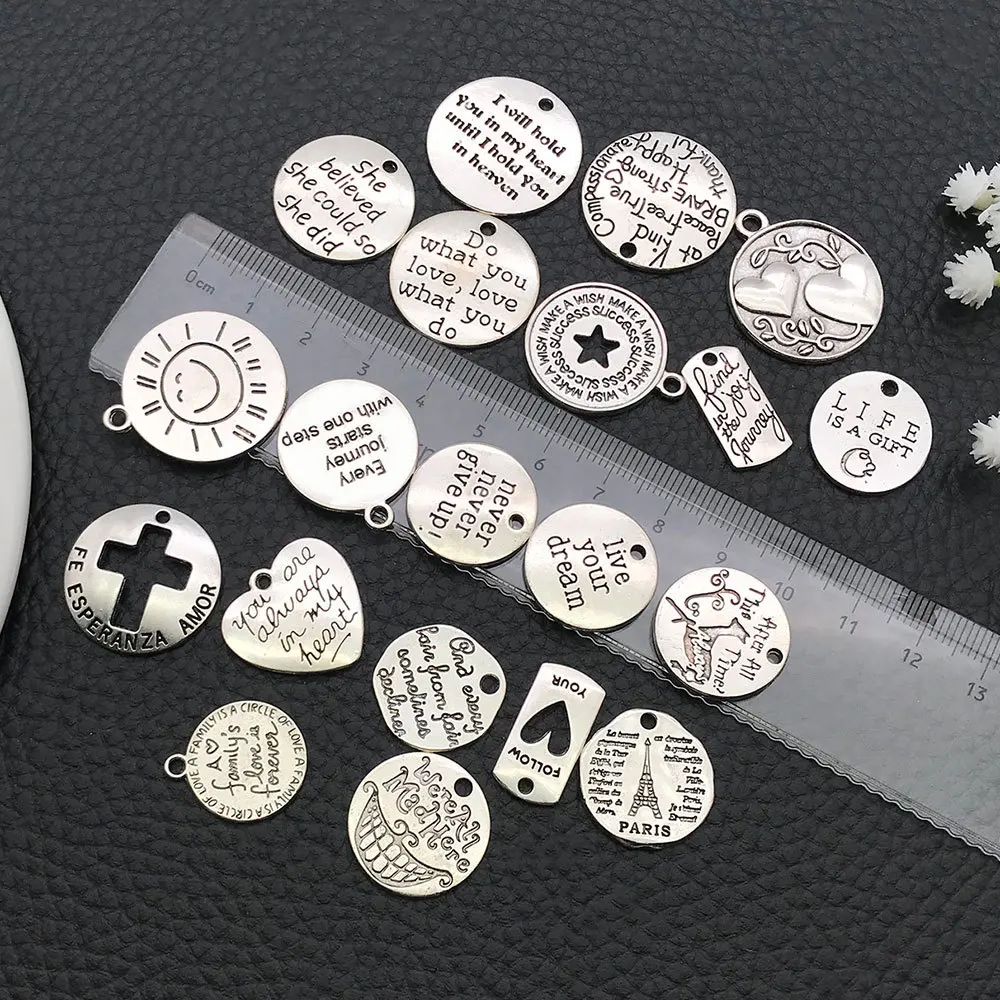20 sztuk tybetański stop srebra inspirujące Charms do tworzenia biżuterii bransoletka naszyjnik wisiorek znaczniki słowne DIY akcesoria dostaw