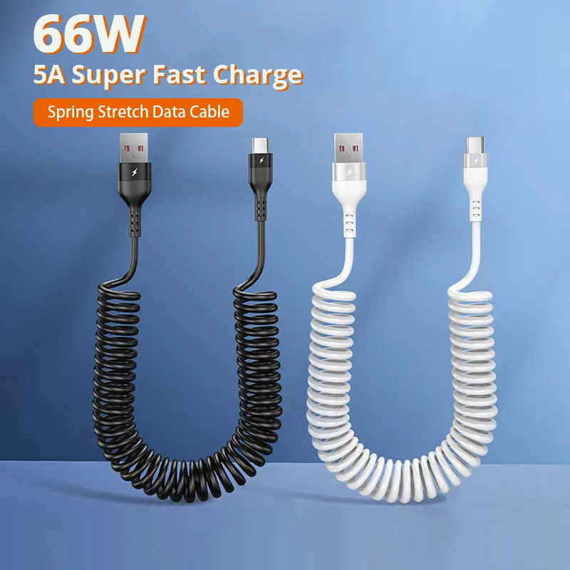 66W 5A USB Type C Data Cable 3A Micro USB Spring Pull Telescopic Fast Charging Cable for Sumsung Xiaomi POCO Huawei Honor LG