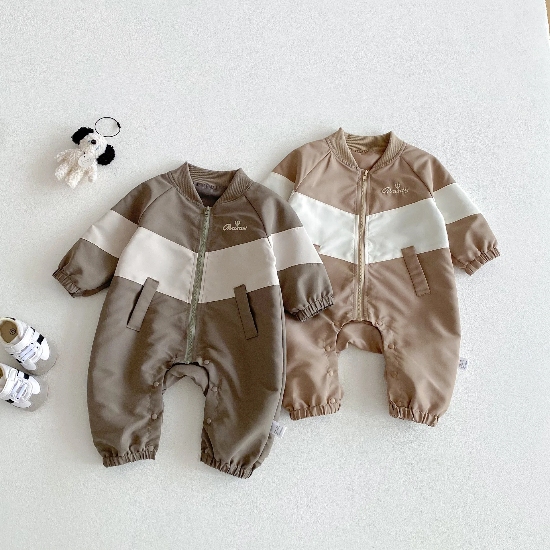 

2025 Autumn New Baby Long Sleeve Zipper Romper Toddler Boy Girl Letter Embroidery Jumpsuit Infant Casual Windproof Jacket 0-24M