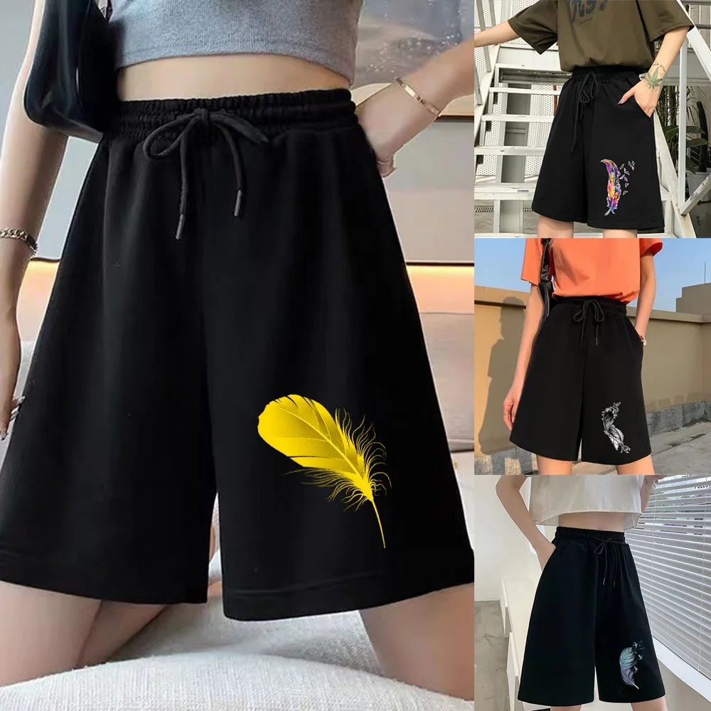 Women\'s Loose Cropped Shorts Feather Printing Harajuku Clothing Sports Pants Fashion Casual Sports Loose Ladies Black Shorts