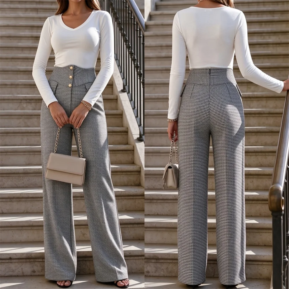 Houndstooth Women High Waist Pants Back Zipper Long Wide Leg Customized Business Daily Wear Commute Trousers