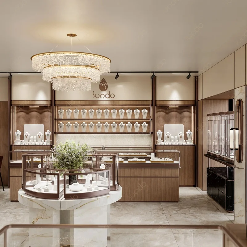 custom.Sundo High End Jewelry Display Counter Gold Frame Tempered Glass LED Cabinet Jewellery Boutique