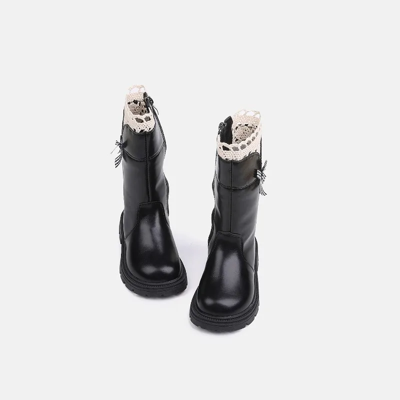JGSHOWKITO Fashion Kids Boots Lace Ruffled Edge Girls Princess Mid-calf Boots Causal Thermal Non-slip Children Warm Cotton Boots