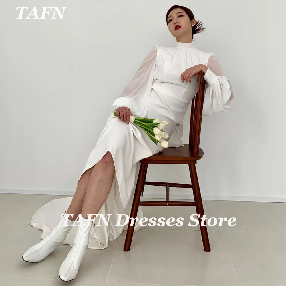 

TAFN High Collar Full Sleeves Wedding Dresses Floor-Length Court Train Bridal Gown Custom Made Korea Reception Dresses