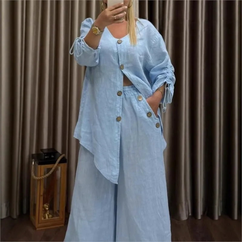 Conjuntos de dos piezas de lino y algodón a la moda para mujer, conjuntos de pantalones informales holgados lisos, cárdigan, pantalones de pierna ancha de cintura alta, conjunto de 2 piezas