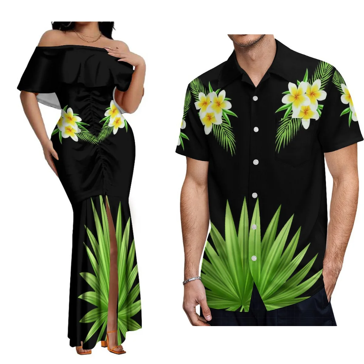 

2024 Fashion Women'S Off-The-Shoulder Dress Samoan Fishtail Maxi Dress Hawaiian Men'S Shirt Polynesian Tribe With Couple Outfit