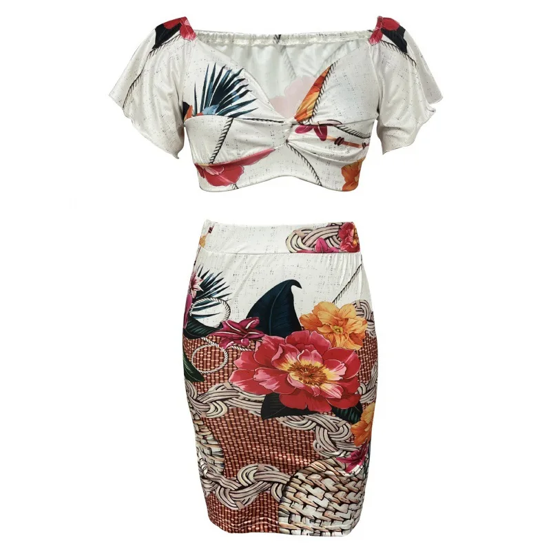 2025 Sexy Slim Fit Off Shoulder Top Printed Sexy Slit Hip Hugging Skirt Two-piece Set