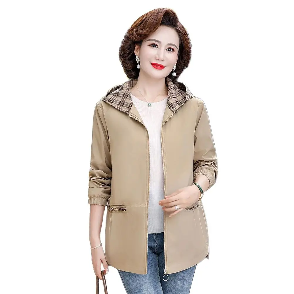 

Middle-aged Mother Spring And Autumn Western-style Coat 2023 New Middle-aged And Elderly Women Hooded Plaid Trench Coat Tide 5XL