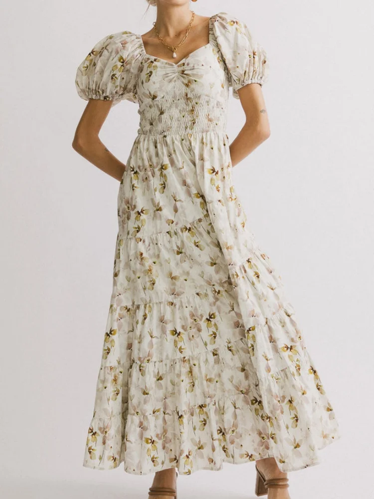 Mulher floral puff manga maxi vestido quadrado pescoço plissado vestidos longos fluidos boho em camadas uma linha vestido de verão
