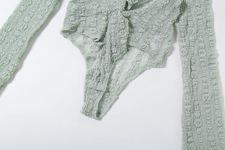 Weird Puss Rüschenrand-Patchwork-Bodysuits für Damen, modisch, schlicht, durchsichtig, geraffter V-Ausschnitt, lange Ärmel, Hottie-Party-Clubwear – Detail 7