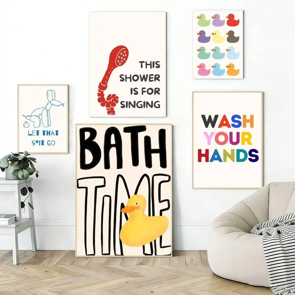 Funny Bathroom Rubber Duck Wash Poster Self Adhesive Decoration Bedroom Home Wall Sticker Prints Painting Living Room Office