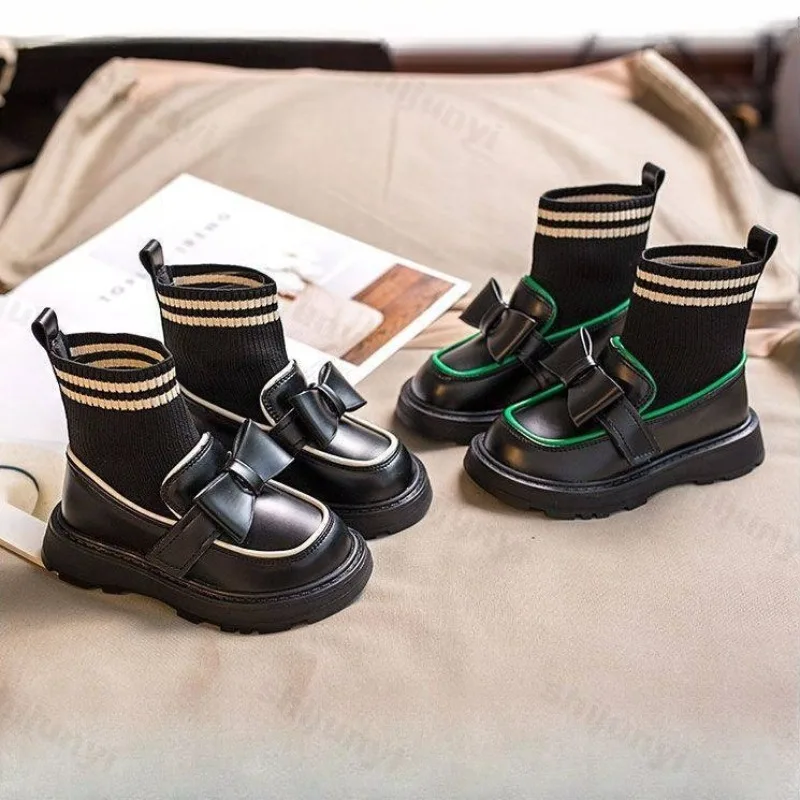 

Girls' Retro Fashion Bow Design Casual Thick Sole Short Boots Autumn 2025 New Childrens' Comfortable Versatile Chunky Sock Boots