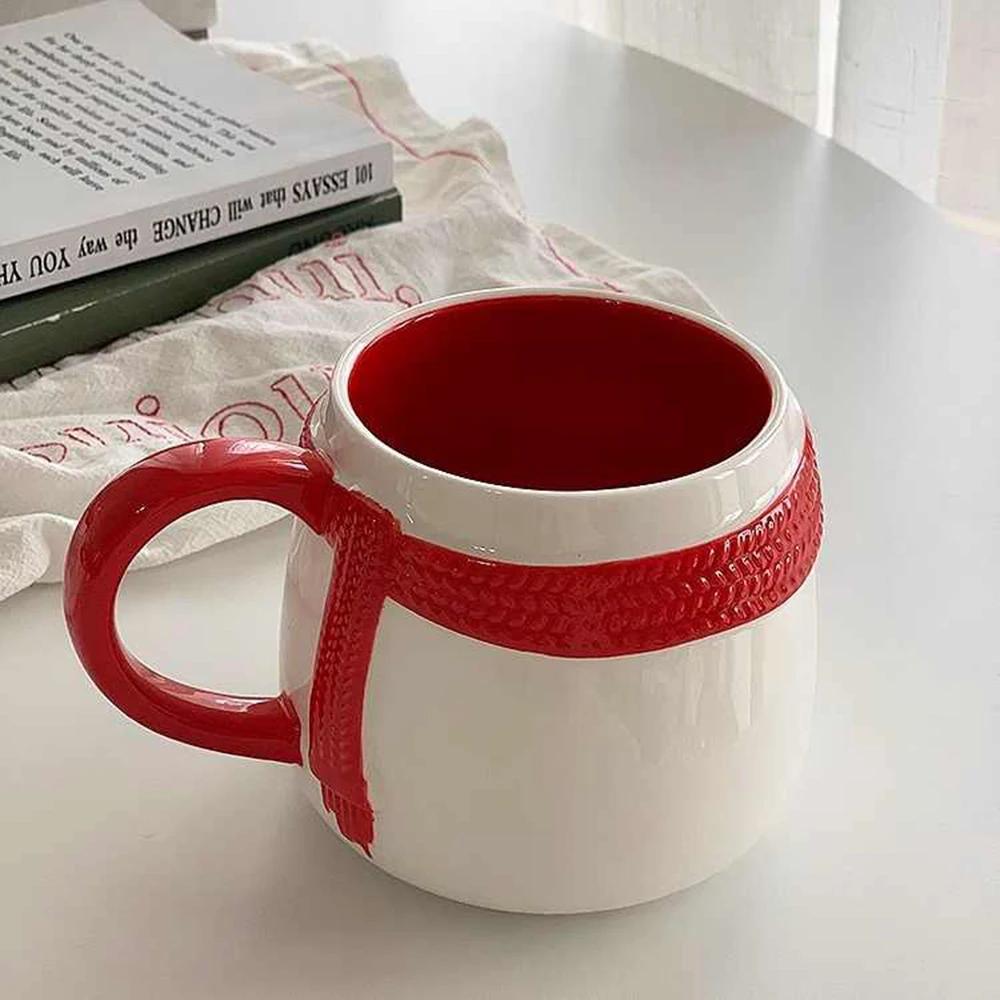 400ML Nordic Winter Warm Scarf Ceramic Water Cup Breakfast Milk Mug Christmas Party Gift Ceramics Mugs Red White Patchwork